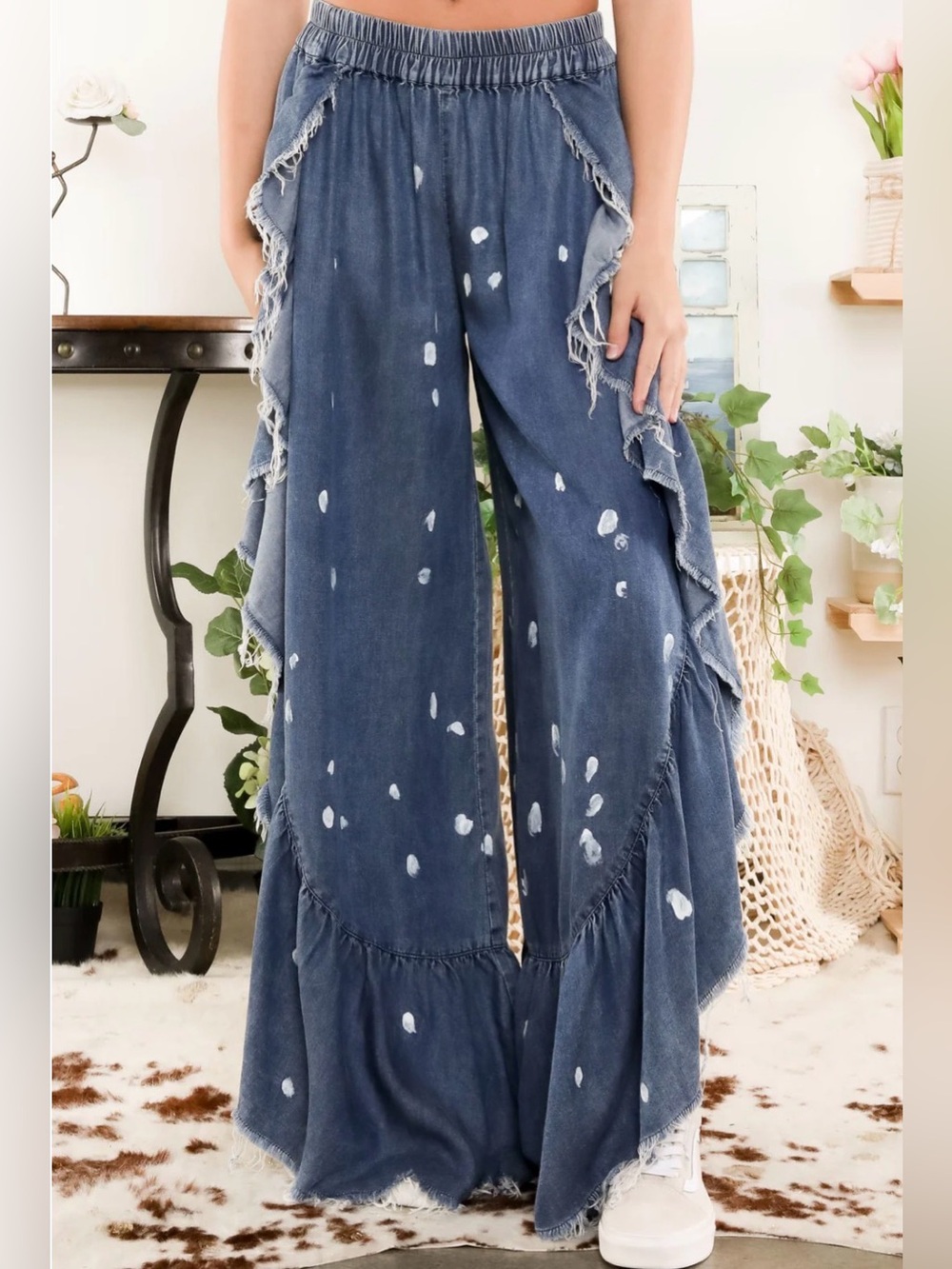 Blue Velvet-Boho Ruffle Wide-Leg Denim Pants in Washed Blue